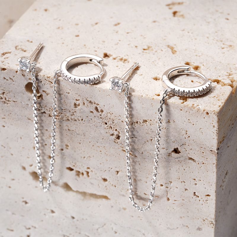 Double Piercing Chain Hoop Earrings