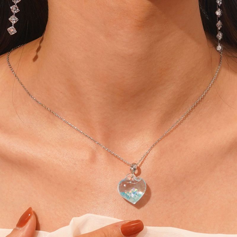 Blue Glitter Heart Necklace
