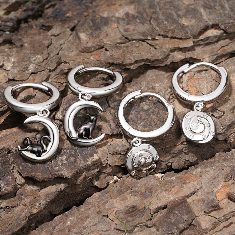 Black Cat Moon Hoop Earrings