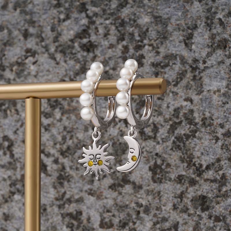 Sun & Moon Face Pearl Hoop Earrings