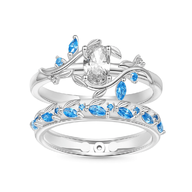 Oval-cut Diamond Vine Leaf Couple Rings