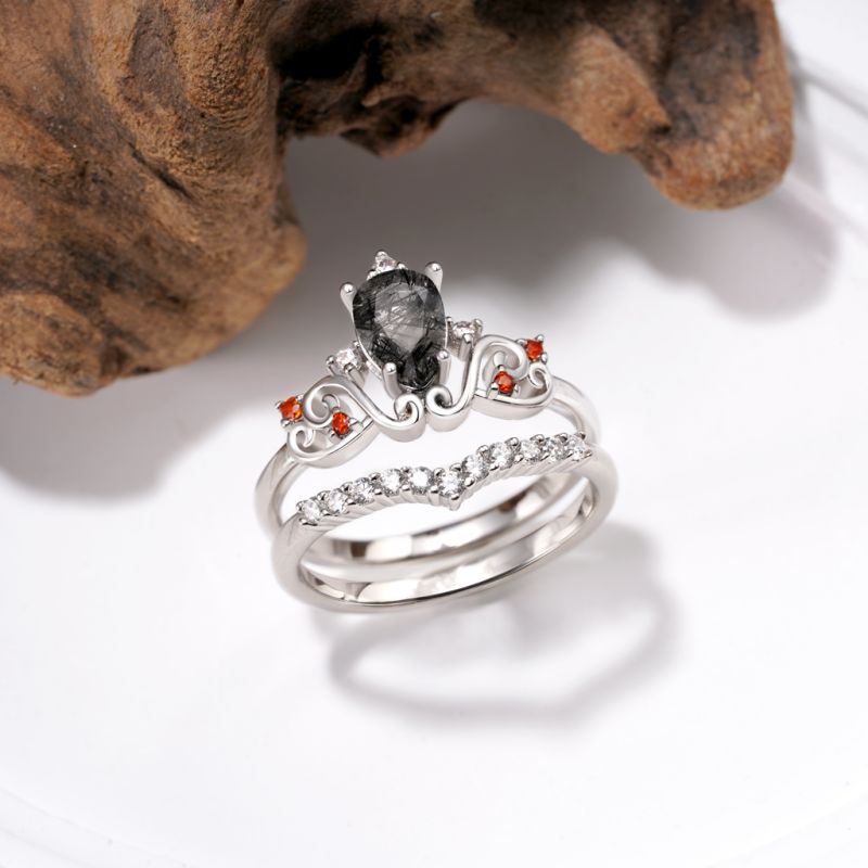 Pear Black Rutilated Quartz Rings