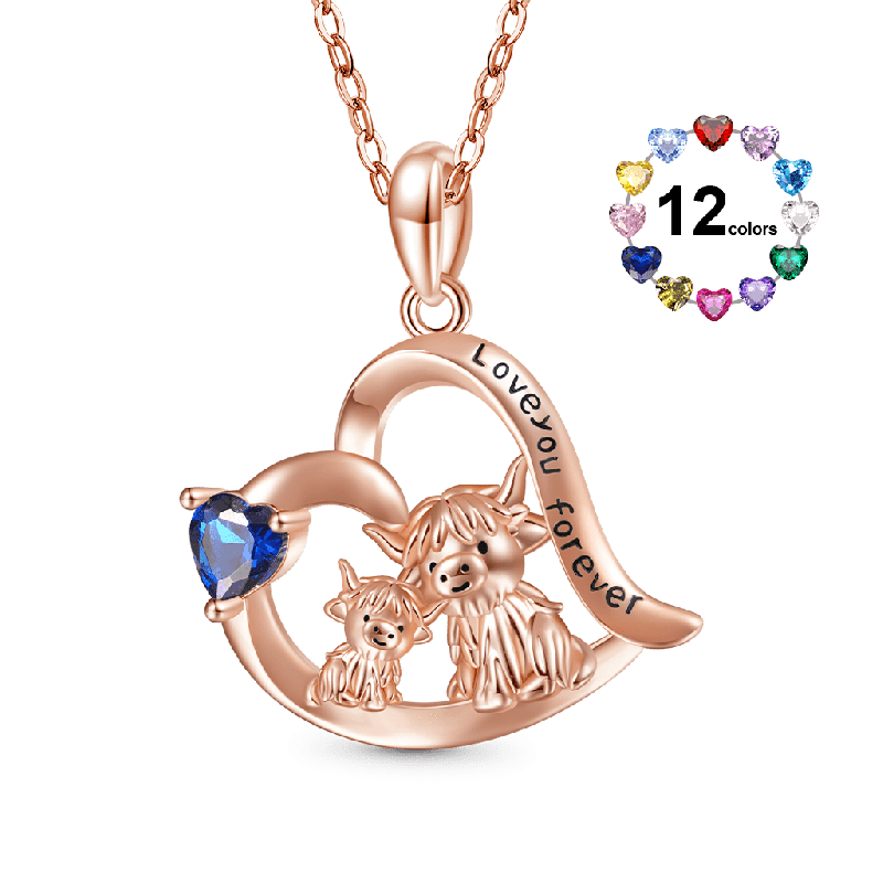 Highland Cow Heart Birthstone Necklace