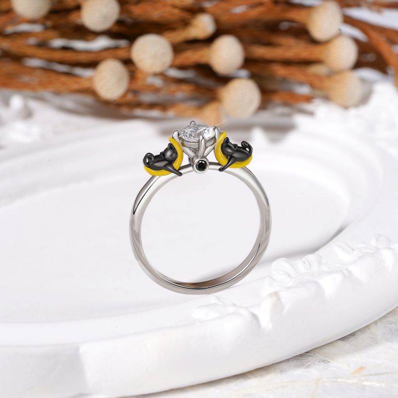 Black Cat Moon White Diamond Ring