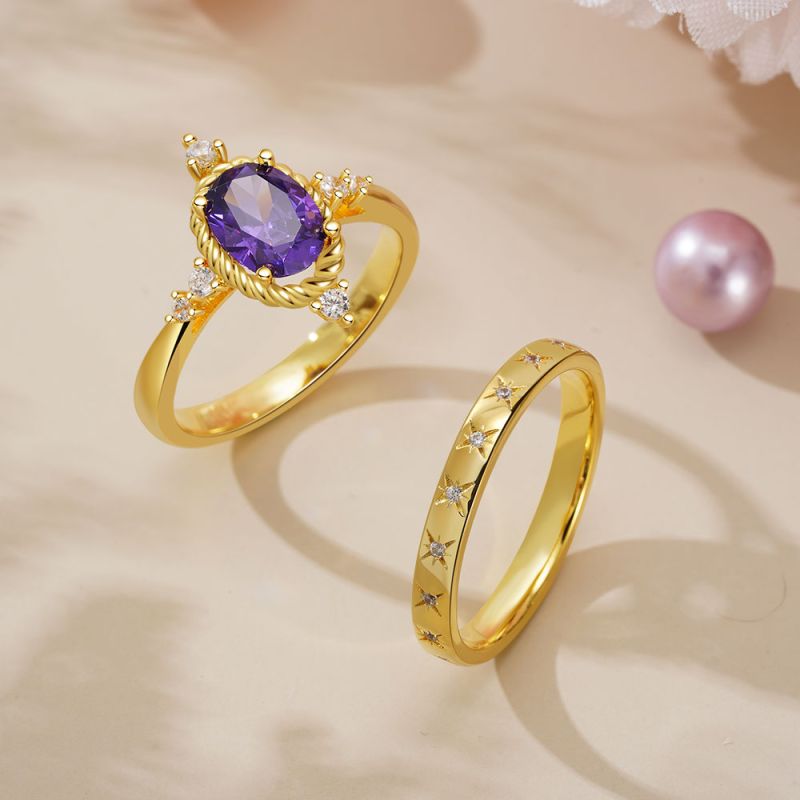 Oval Cut Amethyst Stacking Ring Set