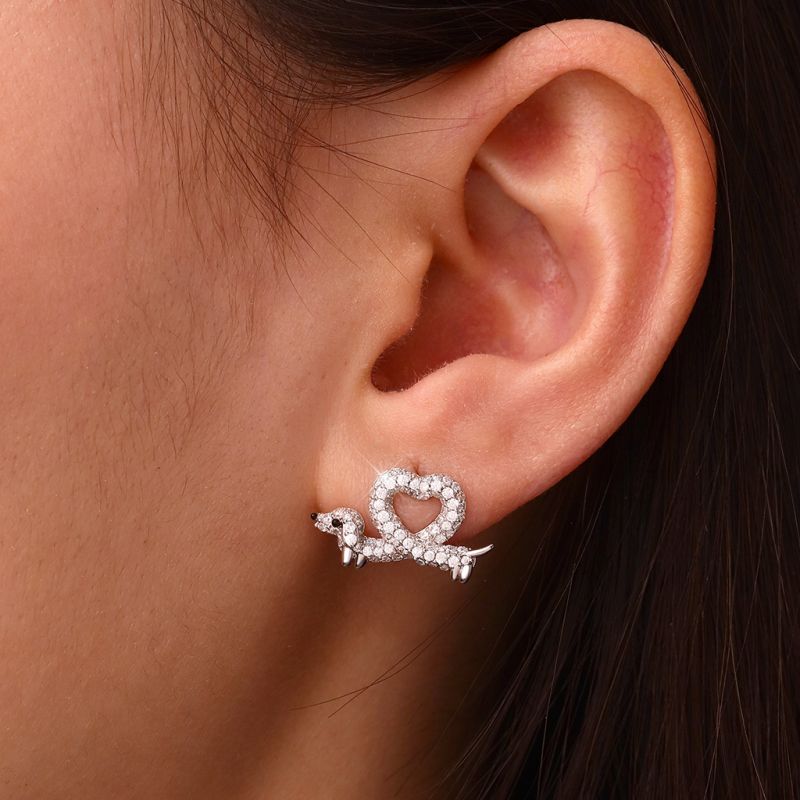 Dachshund Heart Diamond Stud Earrings