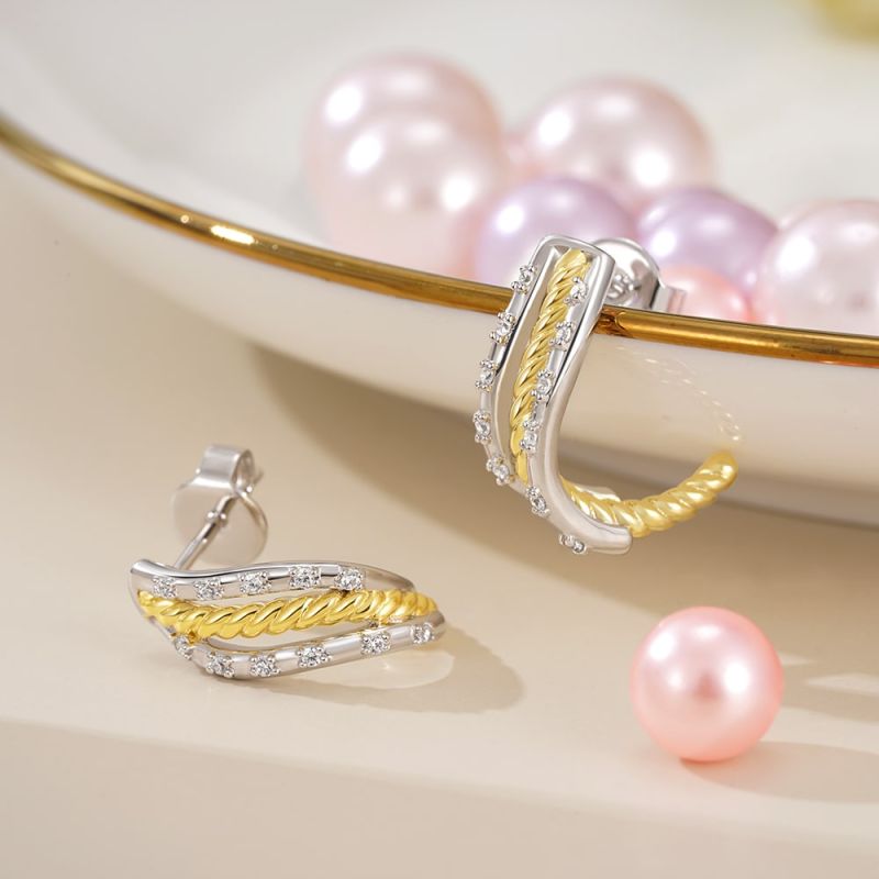 Twisted Paved C-hoop Stud Earrings