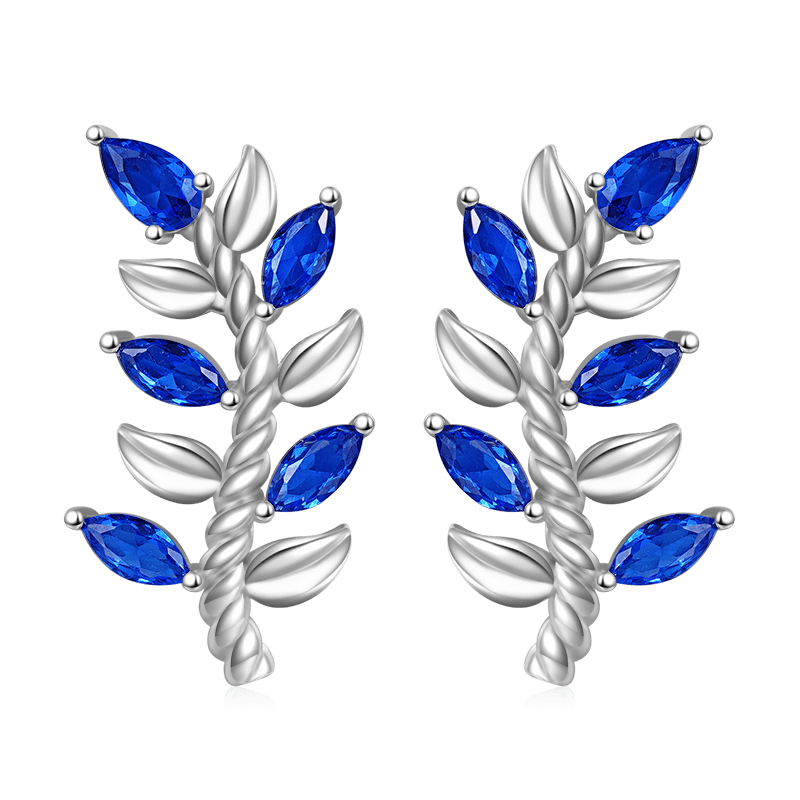 Leaf & Stem Blue Gems Stud Earrings