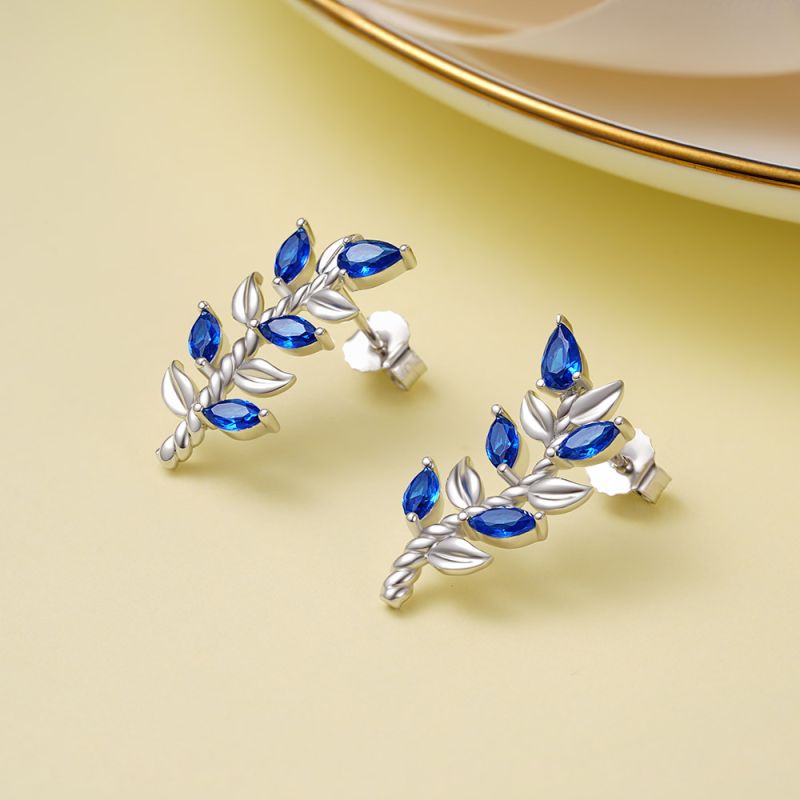 Leaf & Stem Blue Gems Stud Earrings