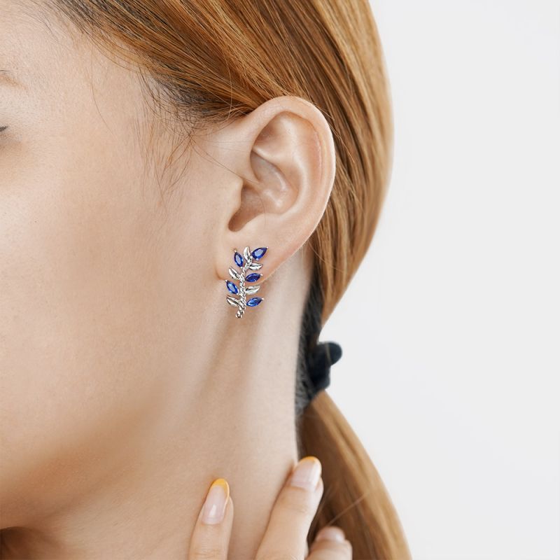 Leaf & Stem Blue Gems Stud Earrings