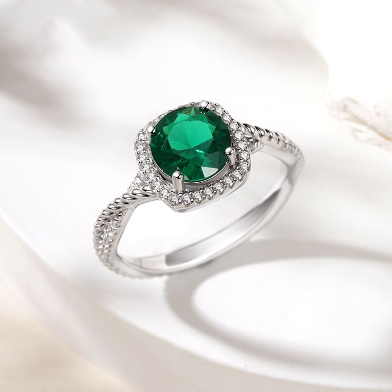Round Cut Green Halo Split Shank Ring