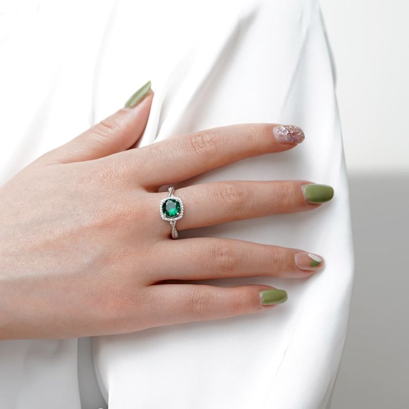 Round Cut Green Halo Split Shank Ring