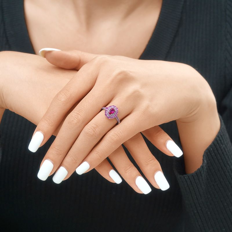 Oval Fuchsia Double Halo Ring