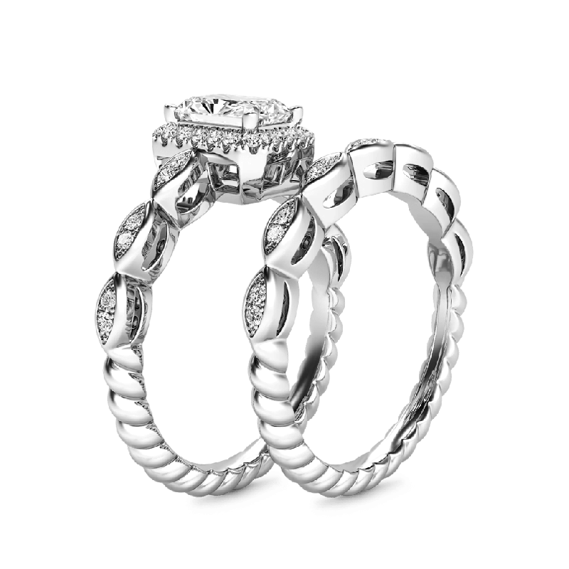 Vintage Emerald Cut Halo Ring Set