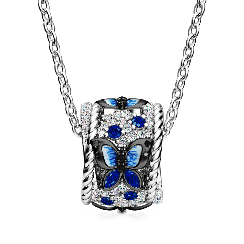 Blue Butterfly Drum Pendant Necklace