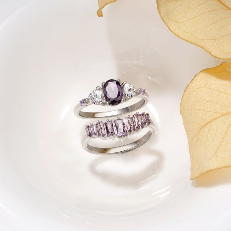 Egg-cut Fuchsia Rectangle Ring Set