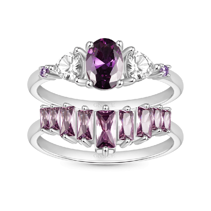 Egg-cut Fuchsia Rectangle Ring Set