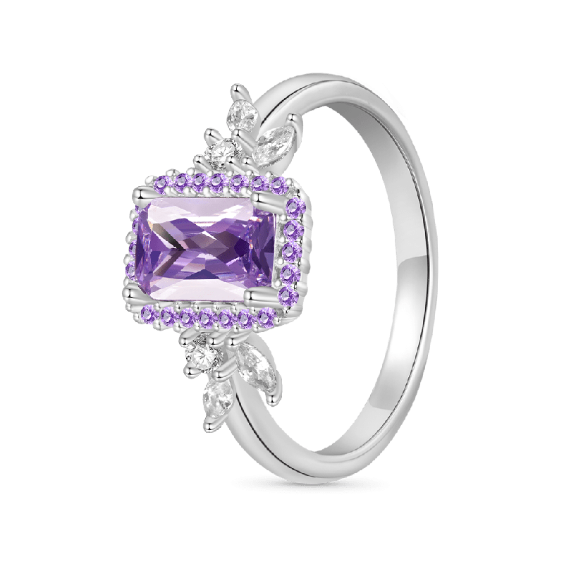 Square-Cut Amethyst Diamond Leaf Ring