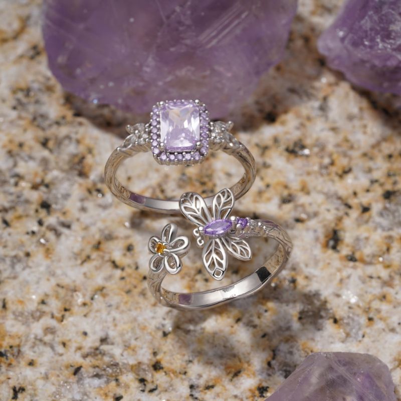 Square-Cut Amethyst Diamond Leaf Ring