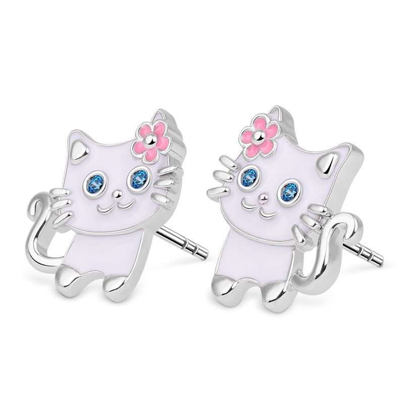 Childrens Girls Sterling Silver Plain Cat with Bow Stud Earrings