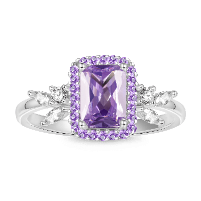 Square-Cut Amethyst Diamond Leaf Ring